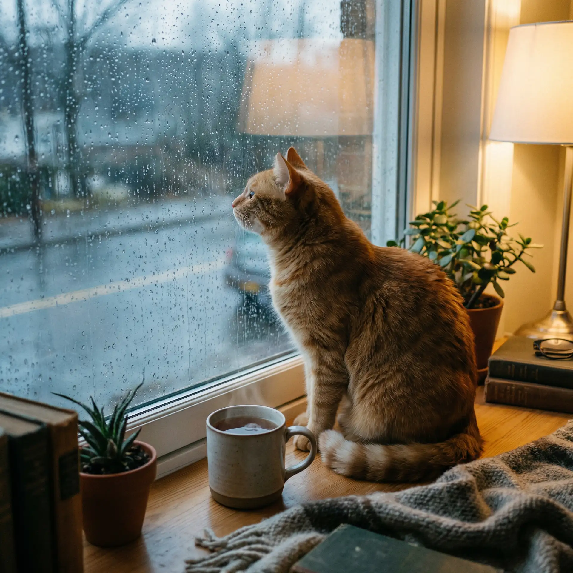 猫咪望着窗外的雨 - 人间中毒在线